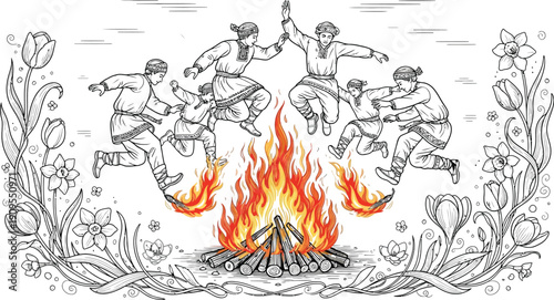 Group of men wearing traditional attire joyfully jumping over a large bonfire surrounded by detailed spring flowers in black and white outline art.