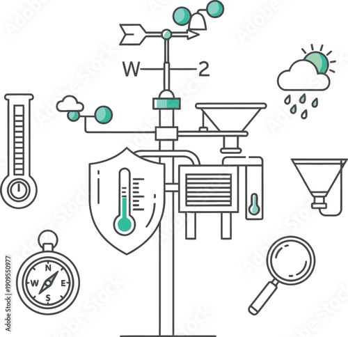 Illustration depicting various meteorological instruments and weather monitoring tools essential for scientific climate observation and forecasting