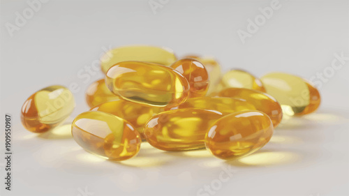 A close-up macro photograph of golden-yellow gel capsules scattered on a pure white background (2)_traced