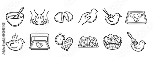 Set of hand-drawn baking icons showing the step-by-step process of making cute bird-shaped bread, from mixing dough to the final baked goods, a simple black and white line art illustration