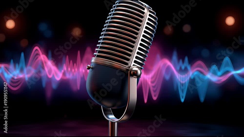 Close up vintage studio microphone with colorful sound waves creating dynamic vibrant audio recording atmosphere retro metal music broadcasting equipment technology communication device