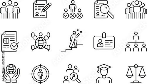 Linear vector icon set for human resources and recruitment featuring candidate screening career growth global networking corporate hierarchy legal justice professional education symbols