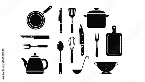Vector illustration of collection of kitchen utensils and cookware silhouettes on a transparent background