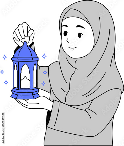 Illustration of Muslim Girl Holding an Islamic Lantern for Ramadan.