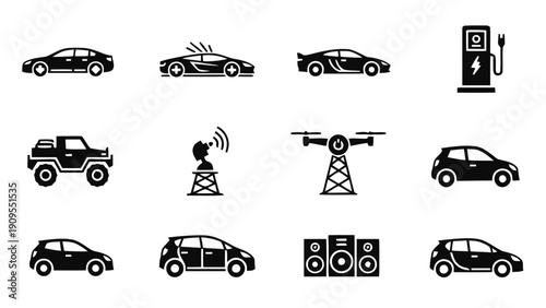 Vector illustration of set of modern transportation and technology icons cars, drone, charging station on a transparent background