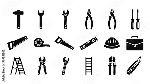 Vector illustration of set of construction and repair tools icons in black silhouette style on a transparent background