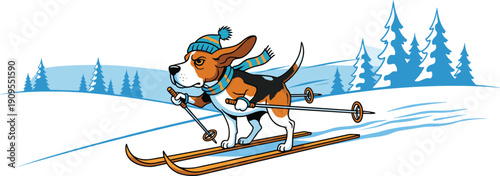 Beagle skiing illustration, cartoon dog in winter hat and scarf, snowy landscape artwork, funny animal design, vector holiday background