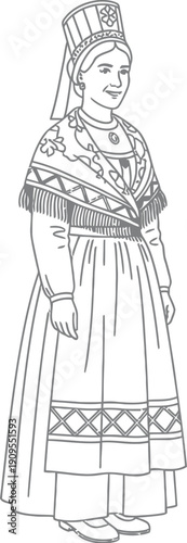 Outline drawing featuring a smiling woman wearing intricate traditional european folk costume complete with decorative headdress and embroidered shawl