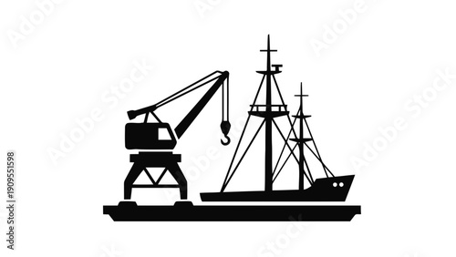 Vector illustration of ship loading and unloading with port crane silhouette icon on a transparent background