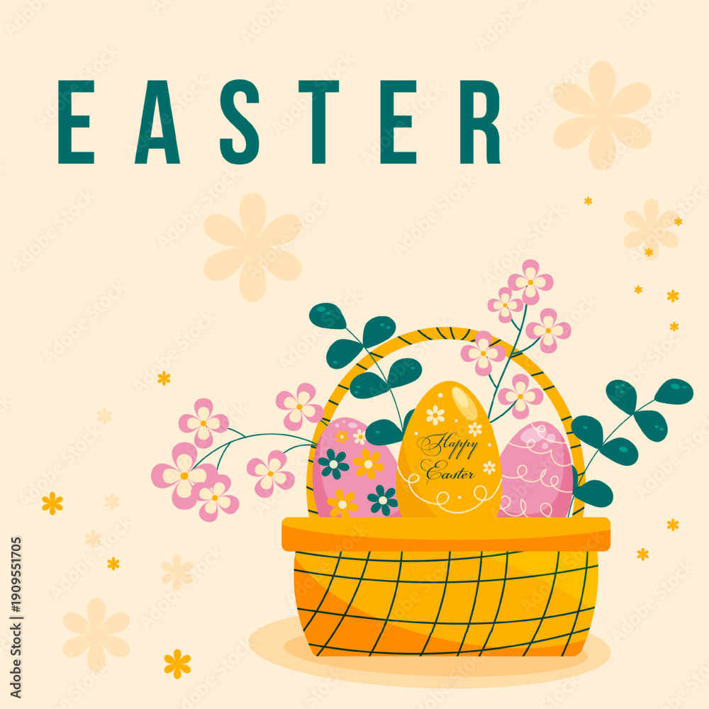 Fototapeta premium Classic Easter greeting card with a wicker basket full of decorated eggs and spring blossoms. Elegant floral background for holiday celebration and invitation