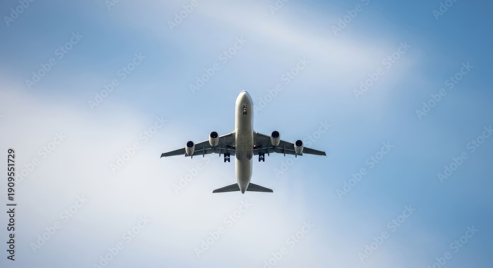 Fototapeta premium A white aircraft, viewed from below, ascends through a clear, blue sky