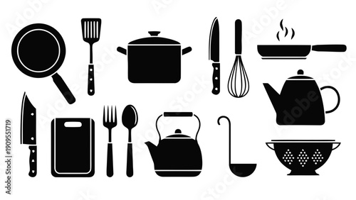 Vector illustration of collection of kitchen utensils and cookware silhouettes on a transparent background