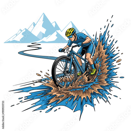 Mountain Biker. Off-road Cycling. Dynamic Illustration. Mud Splash Action.
