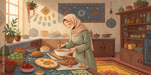 Mother preparing Iftar in a cozy kitchen, capturing a heartwarming moment of family tradition during Ramadan, food preparation for breaking the fast.