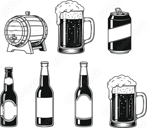 Beer container vector set, barrel, mug, can, bottle, black and white illustration, beverage packaging icons, pub drink concept