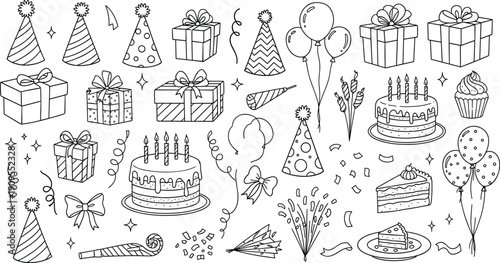 Birthday party doodle icon set with gifts, cake, balloons, hats, confetti celebration