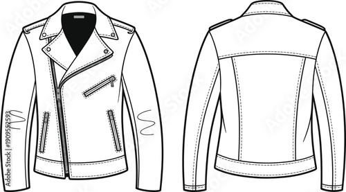 Biker jacket flat sketch, women fashion CAD drawing, technical garment design, vector illustration, apparel template, clothing construction, outerwear design