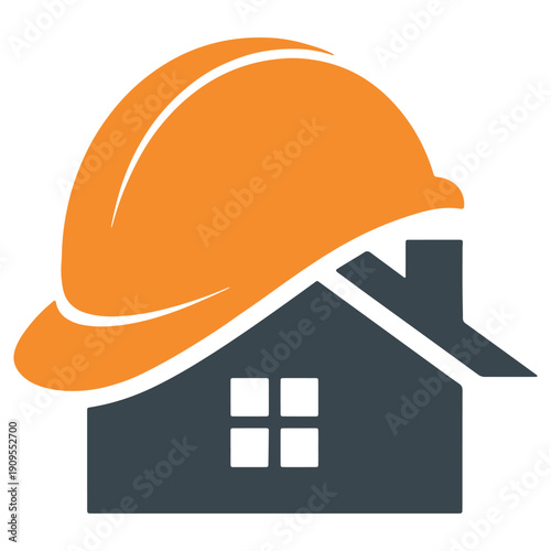 Construction safety helmet over house icon - minimalist home repair vector