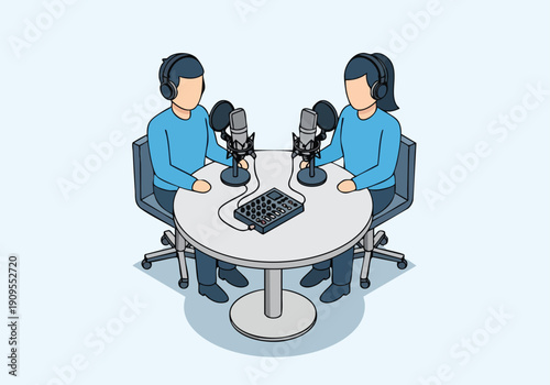 Podcast Recording Illustration. Two People Broadcasting. Isometric Vector Art. Media Production.