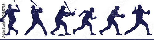 Baseball player silhouettes set, batter pitcher catcher running poses, sport athletes illustration isolated vector clipart collection