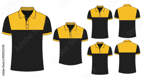 Flat lay of six black and yellow polo shirts with different views on a white background