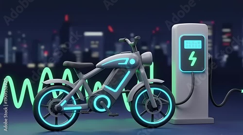 Electric Motorcycle Charging at Night in City.