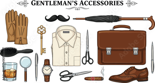 Vintage Gentleman Accessories Set with Leather Briefcase, Dress Shoe, Watch, Mustache, and Grooming Elements Isolated on White