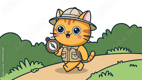 A cute cartoon illustration of an orange tabby cat explorer wearing a tan safari hat and vest with multiple pockets (4)_traced