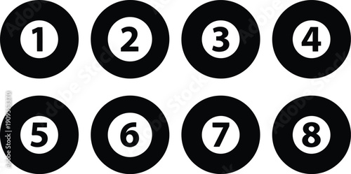 Pool or billiard balls numbered 1 through 8. Eight ball pool game, snooker. 