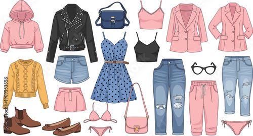 Trendy Women's Fashion Apparel and Accessories Collection featuring Leather Jacket, Denim, Summer Dress, and Stylish Outfits Isolated on White