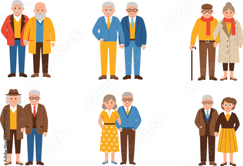 Set of Happy Senior Couples and Elderly People in Stylish Outfits Isolated on White Background for Retirement and Lifestyle Design