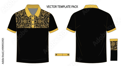 Vector template pack of a black and yellow polo shirt with patterned design on a white background.