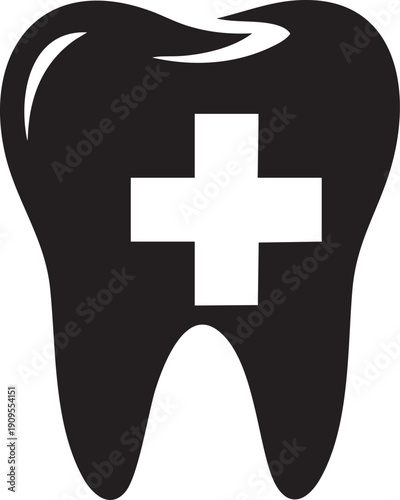 Illustration of black tooth icon with a white cross on isolated for medical or dental use