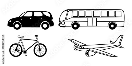 Illustration of various transportation modes: car, bus, bicycle, airplane  