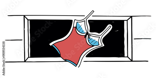 Red swimsuit hanging in window frame against black background  