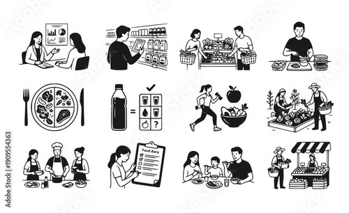 Healthy Diet and Nutrition Planning Set - Black and White Vector Food Choice and Dietitian Graphics Isolated on White