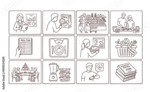 Healthy Diet and Nutrition Planning Set - Black and White Vector Food Choice and Dietitian Graphics Isolated on White