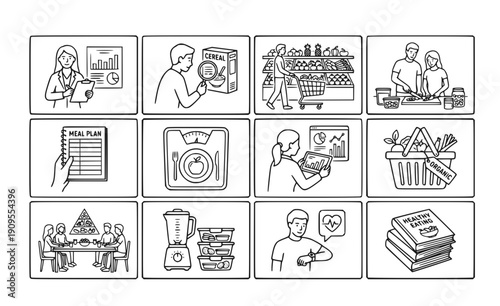 Healthy Diet and Nutrition Planning Set - Black and White Vector Food Choice and Dietitian Graphics Isolated on White