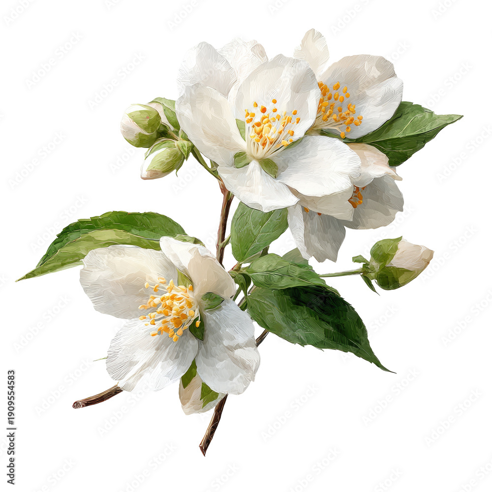 Fototapeta premium Close-up view of delicate white jasmine flowers with vibrant yellow centers on a dark background