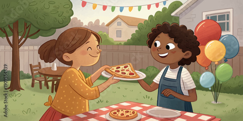 Concept of sharing food with a neighbor, depicted as a flat vector illustration with two people exchanging a plate of food, symbolizing community and kindness.