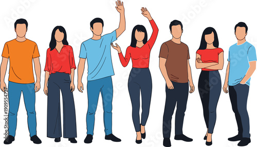 Flat vector illustration of a diverse group of young men and women in colorful casual clothing, set of standing people in fashion outfits isolated on white.