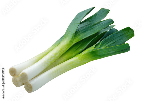 Close-up of several fresh leeks, arranged with green leaves and white stalks, against black