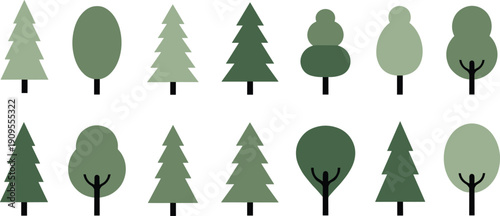 Flat vector tree icon set, minimalist green forest symbols, organic nature pine and deciduous silhouettes, environmental conservation design elements collection.