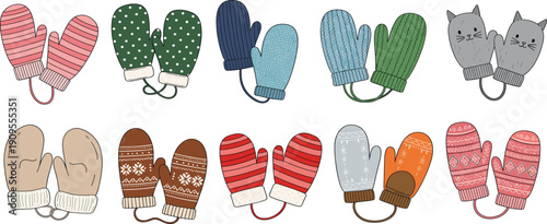 Set of Hand Drawn Colorful Winter Mittens and Gloves with Nordic Patterns, Polka Dots, and Cute Animal Designs Isolated on White