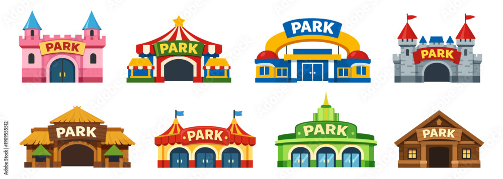 Obraz premium Amusement park entrance buildings collection. Colorful funfair architecture icons. Flat city entertainment infrastructure set