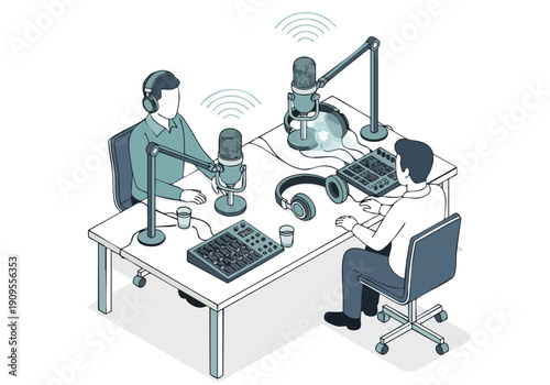 Podcast Recording Studio. Isometric Illustration. Audio Broadcast. Online Communication.