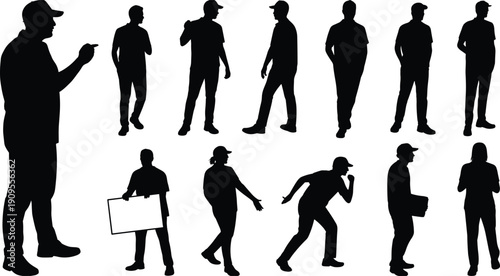 Delivery courier silhouettes set, delivery man walking carrying box illustration isolated black vector clipart collection for logistics service design