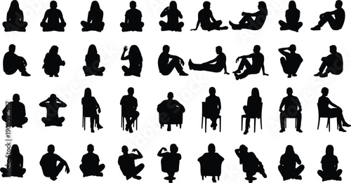 Sitting people silhouette collection set, men women relaxed poses, human body posture vector illustration