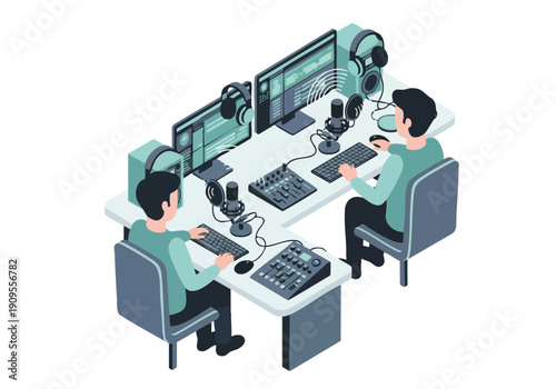 Podcasting Studio Team. Isometric Illustration. Modern Digital Media Production.