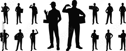 Delivery workers silhouettes set, courier carrying boxes illustration, logistics service vector isolated black clipart collection for shipping business design